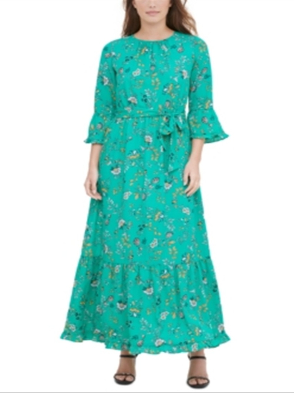 Calvin Klein Teal Floral Maxi Dress with Waist Tie Size Small